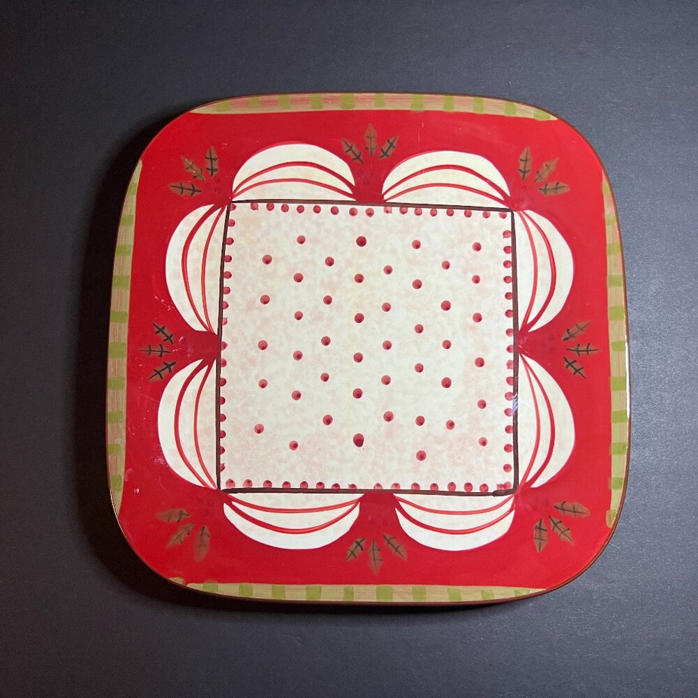VTG ND Christmas Theme Hand Painted Red Multicolor Ceramic Square Dish Plate 10"